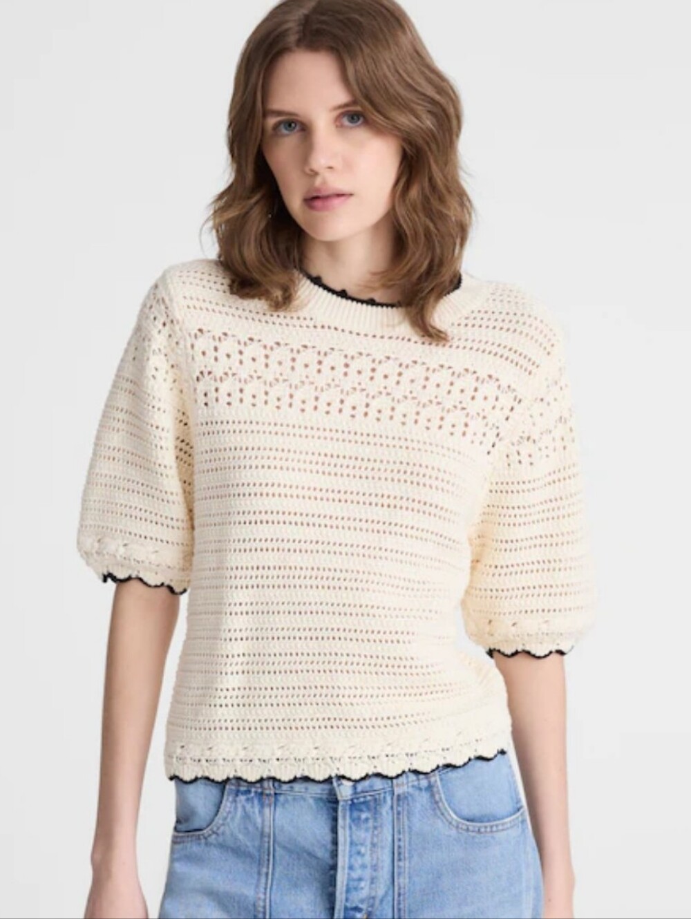 New Madewell Textured Sweater Tee in 100% Cotton Ivory/Black Size Medium